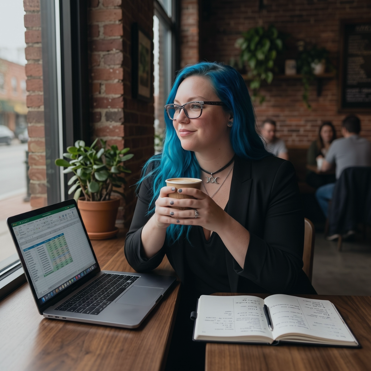 Owner sitting in coffee shop with a laptop showing a spreadsheet