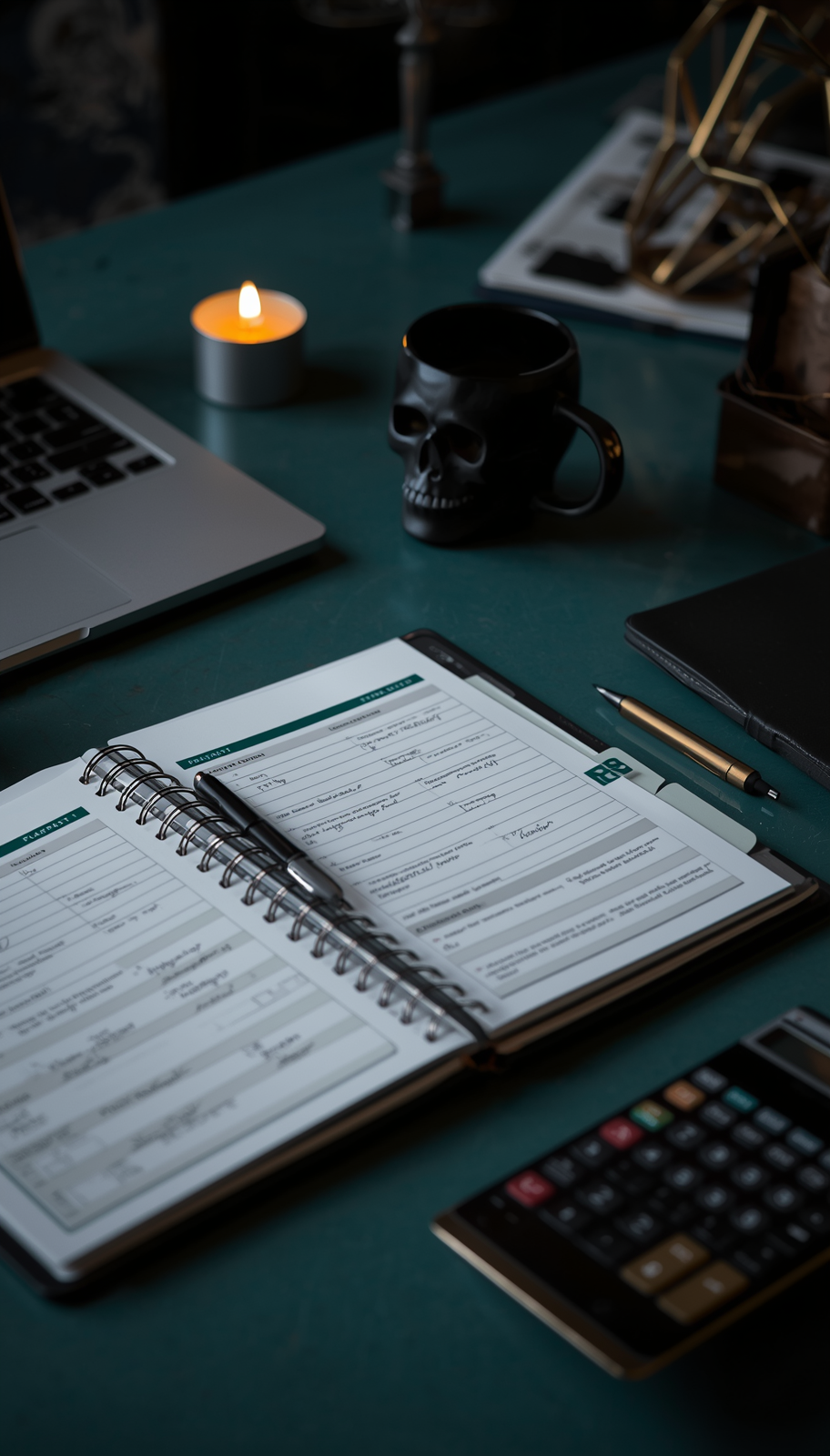 Close-up professional desk scene featuring open planner, financial reports, laptop, calculator, black skull coffee mug, gold pen, and small candle. Deep teal and charcoal color palette. Moody but bright enough for professional