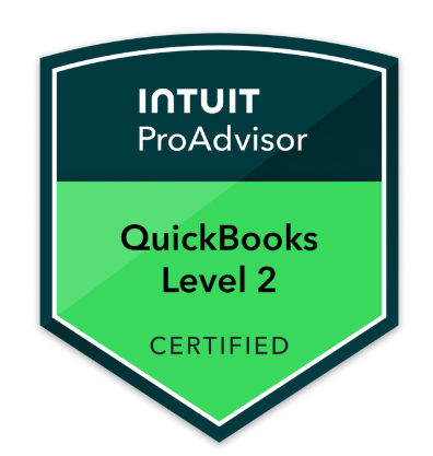 Intuit ProAdvisor badge certifying QuickBooks Level 2 certification.