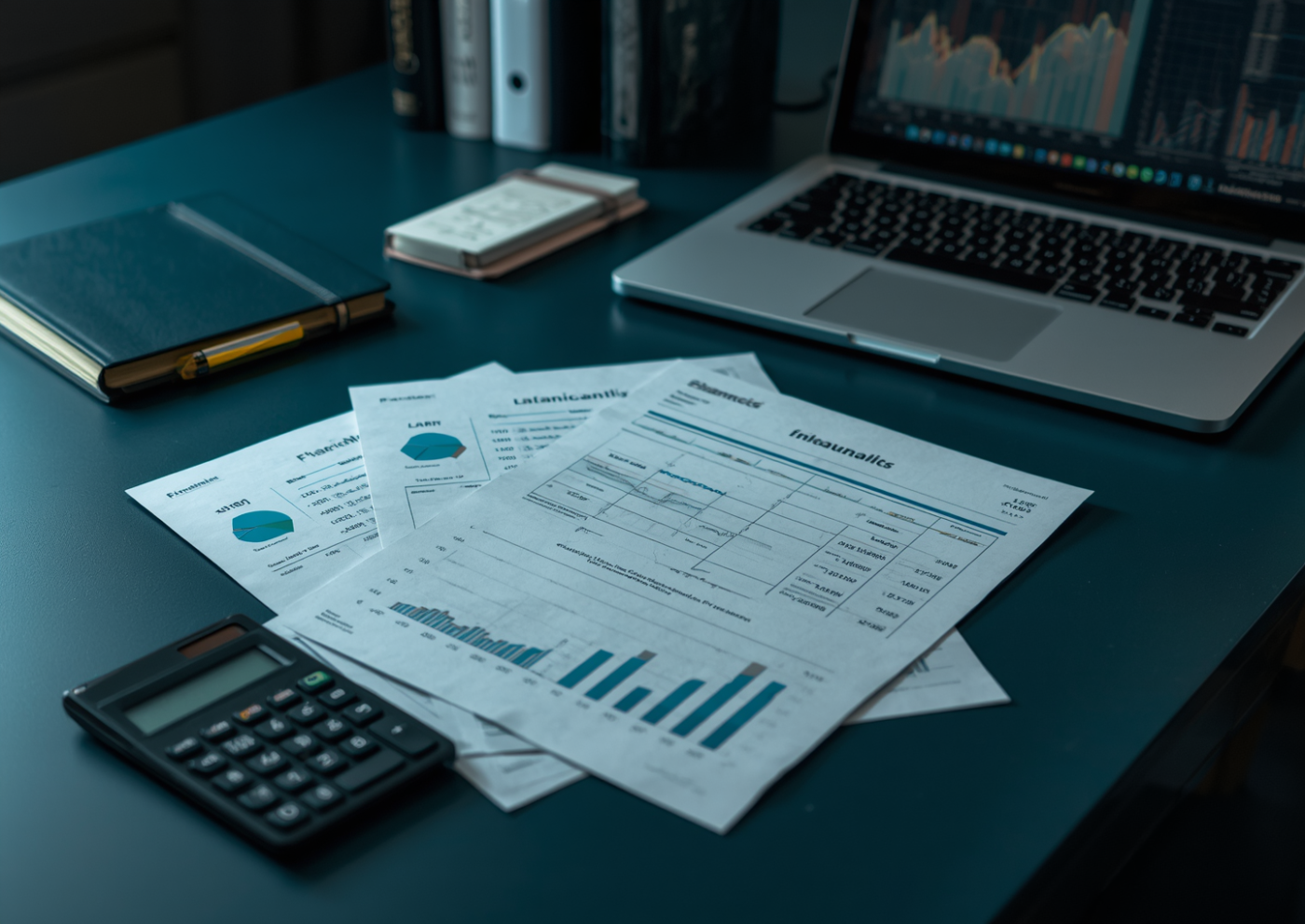 Reports on desk with notebook and laptop