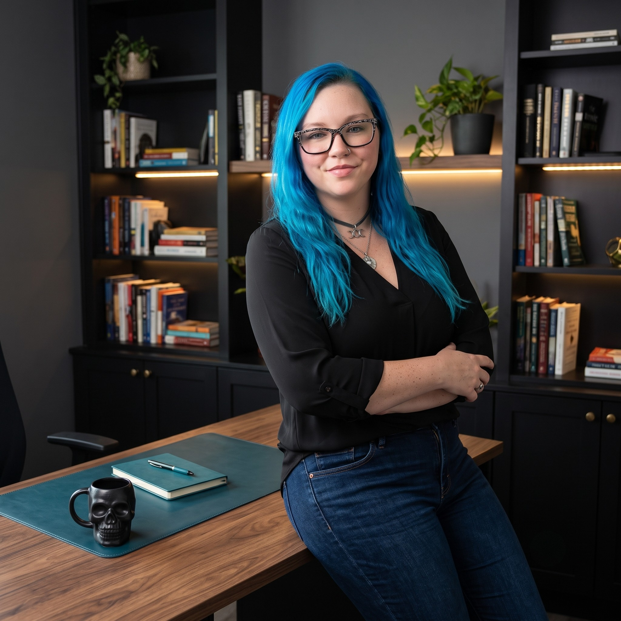 Owner leaning on office desk showing confidence in her ability