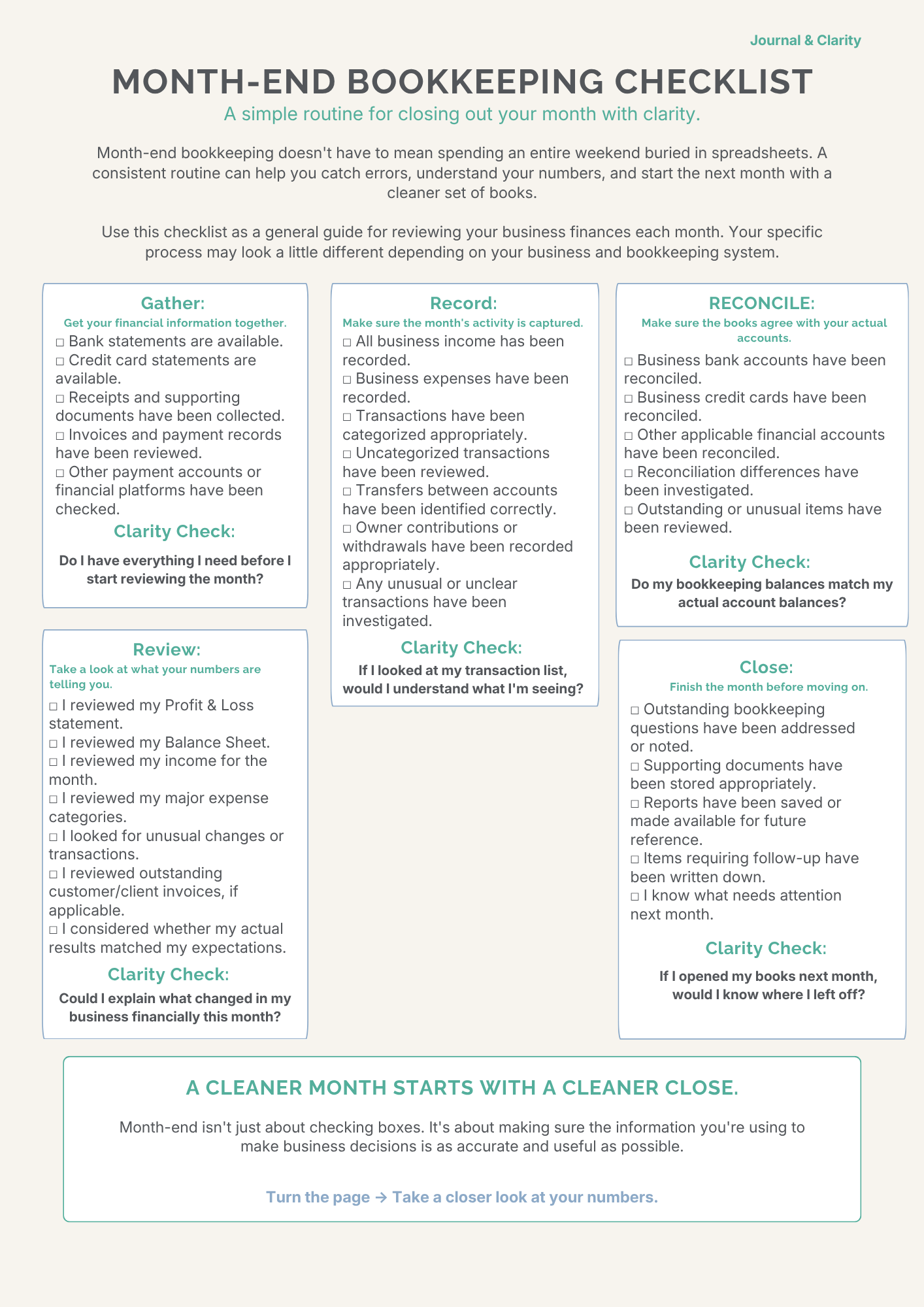 Front page of Month end checklist