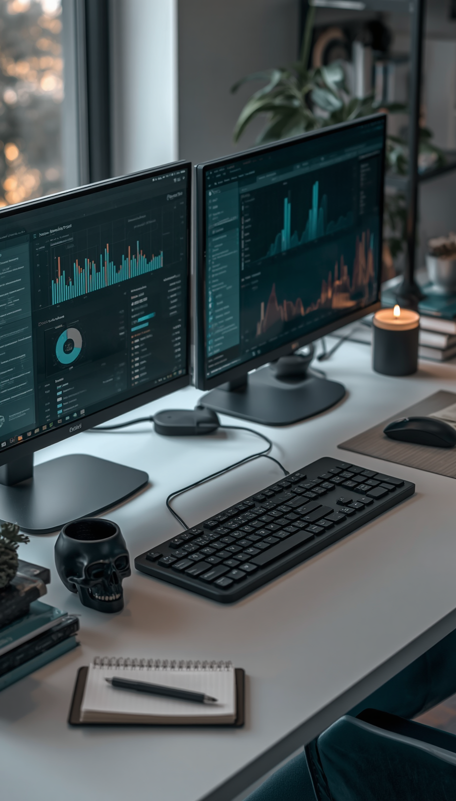 Professional bookkeeping workspace with dark-academia aesthetic. Clean modern desk with dual monitors displaying financial reports, spreadsheets, and business dashboards. Organized workspace with wireless keyboard, mouse, note