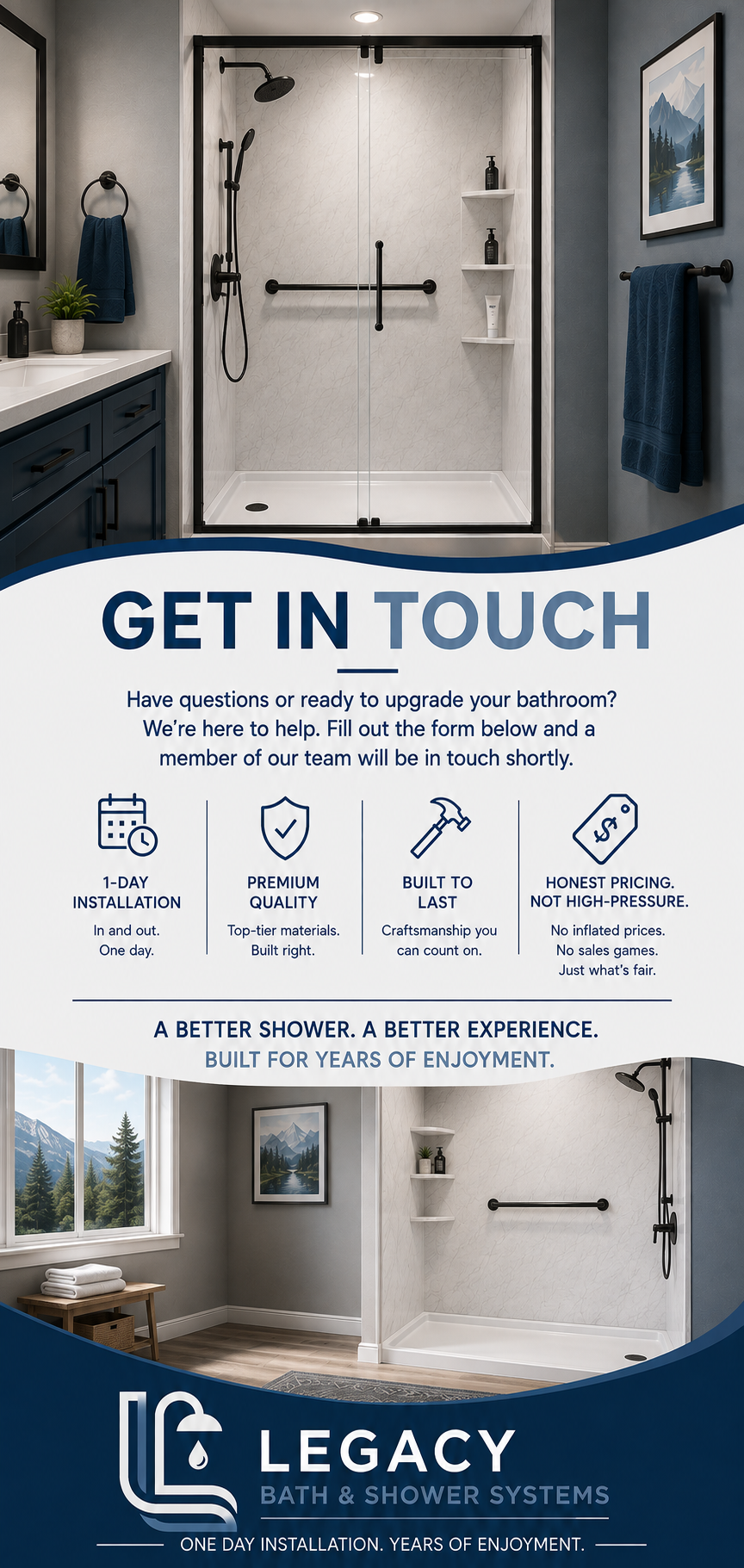 Promotional flyer for Legacy Bath & Shower Systems featuring a modern bathroom with a walk-in shower, vanity with sink, and a window with a mountain landscape. The flyer emphasizes contact details, quality, craftsmanship, honest pricing, and long-lasting products.