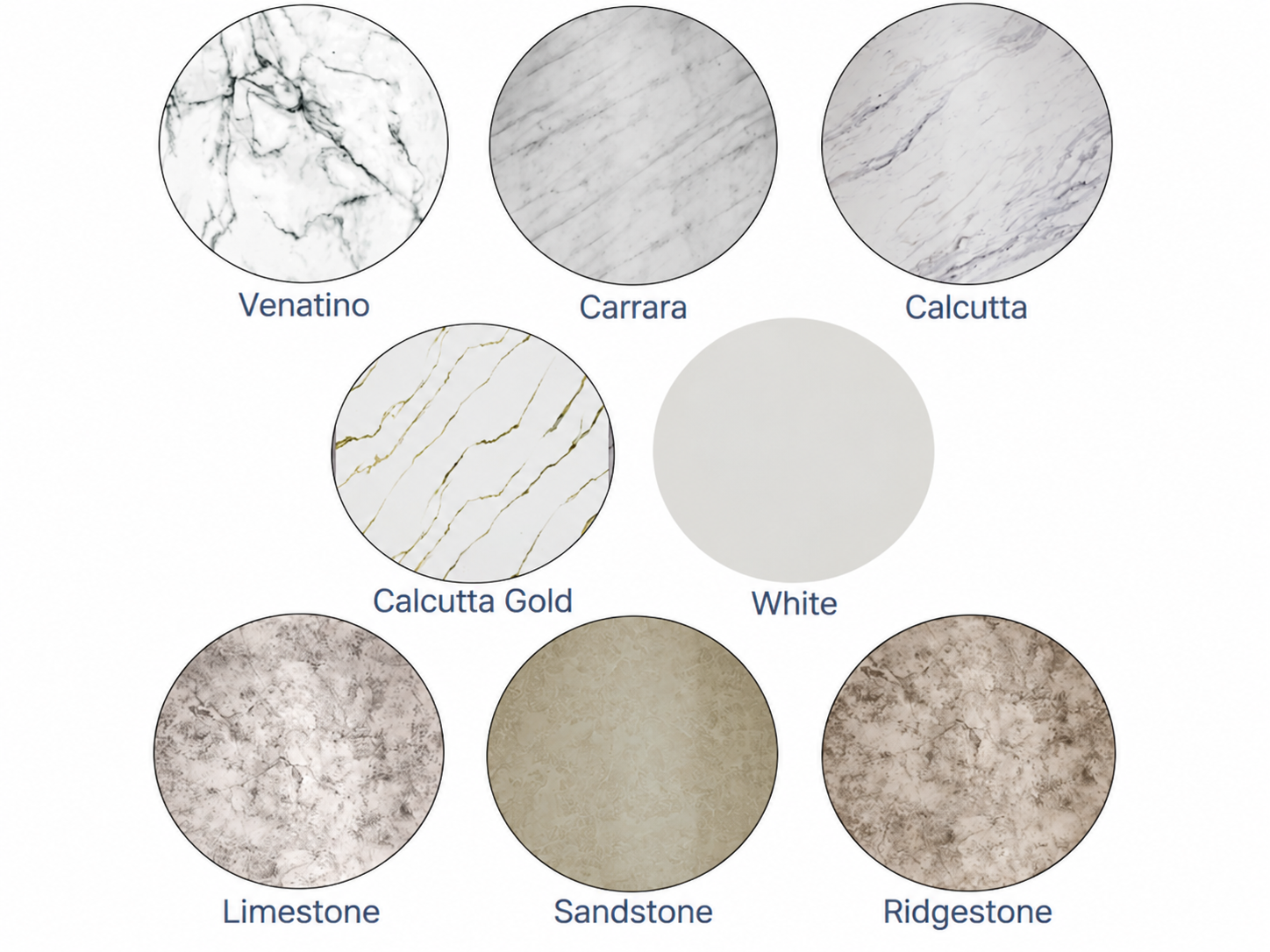 Samples of different tiles and materials for flooring or wall use, including Carrara white/blue marble, white subway tile, grey wood-look tile, and white tile.