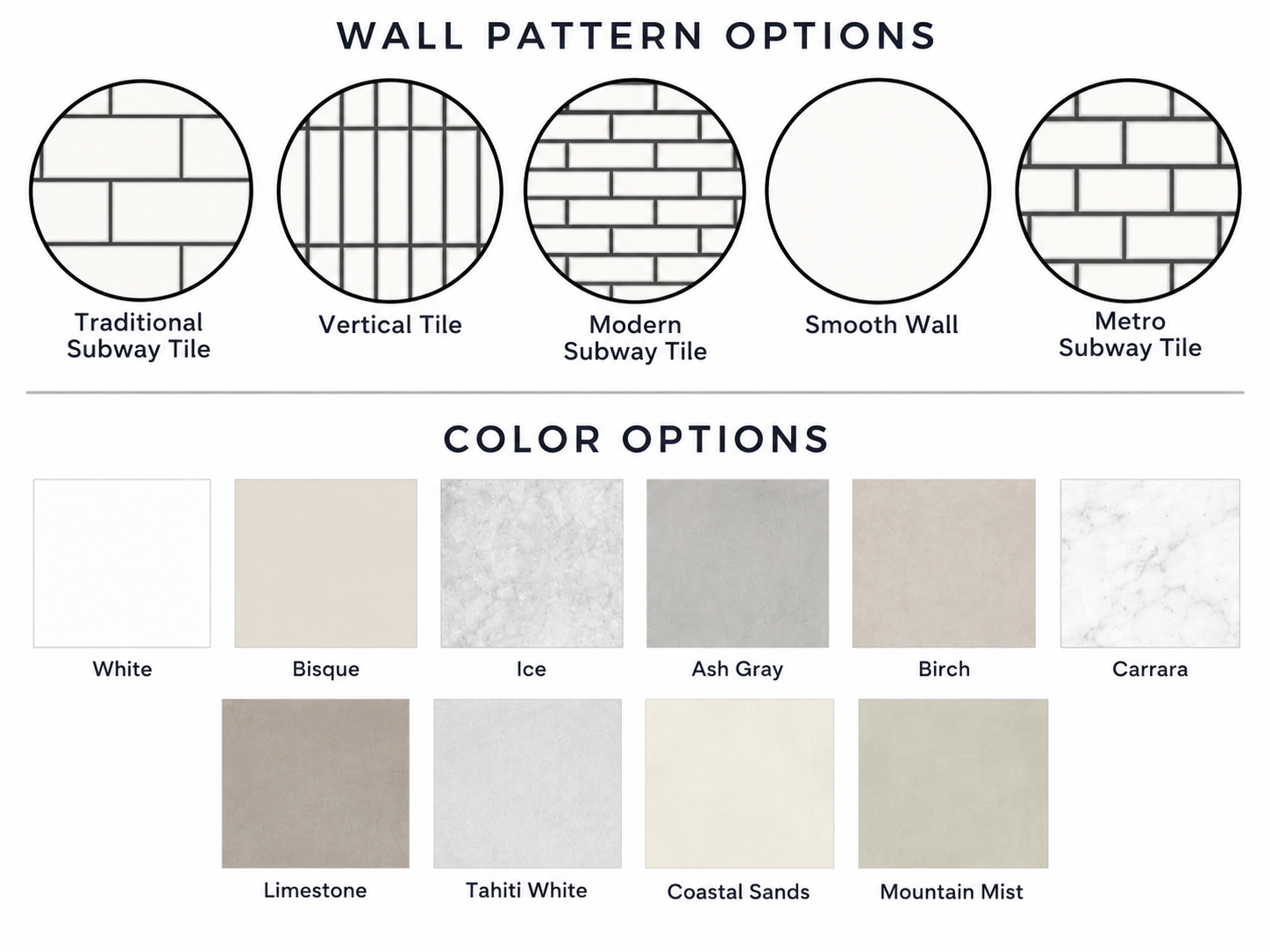 A chart displaying various wall pattern options and color choices. The wall patterns include Traditional Subway Tile, Vertical Tile, Modern Subway Tile, Smooth Wall, and Metro Subway Tile. The color options include White, Bisque, Ice, Ash Gray, Birch, Carrara, Limestone, Tahiti White, Coastal Sands, and Mountain Mist.
