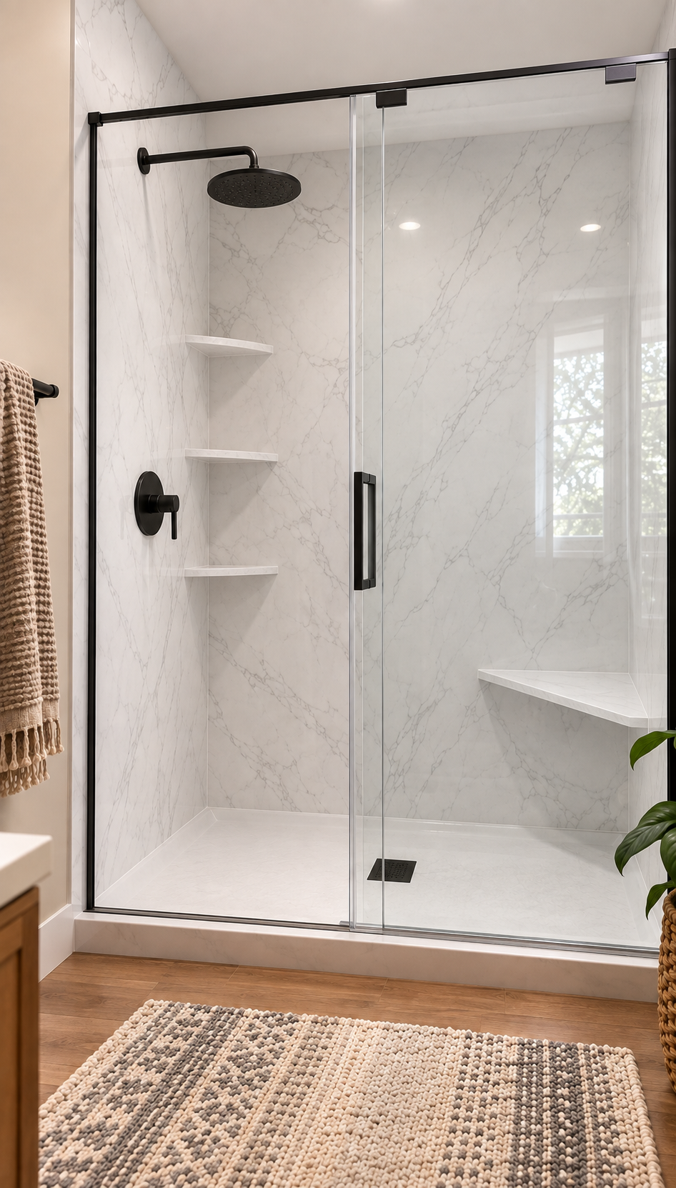 Modern walk-in shower with white marble walls, a black rainfall showerhead, a black control handle, built-in corner shelves, and a glass sliding door. There is a window reflecting light onto the marble wall, a beige and gray patterned rug on a wooden floor, and a small green plant in the lower right corner.