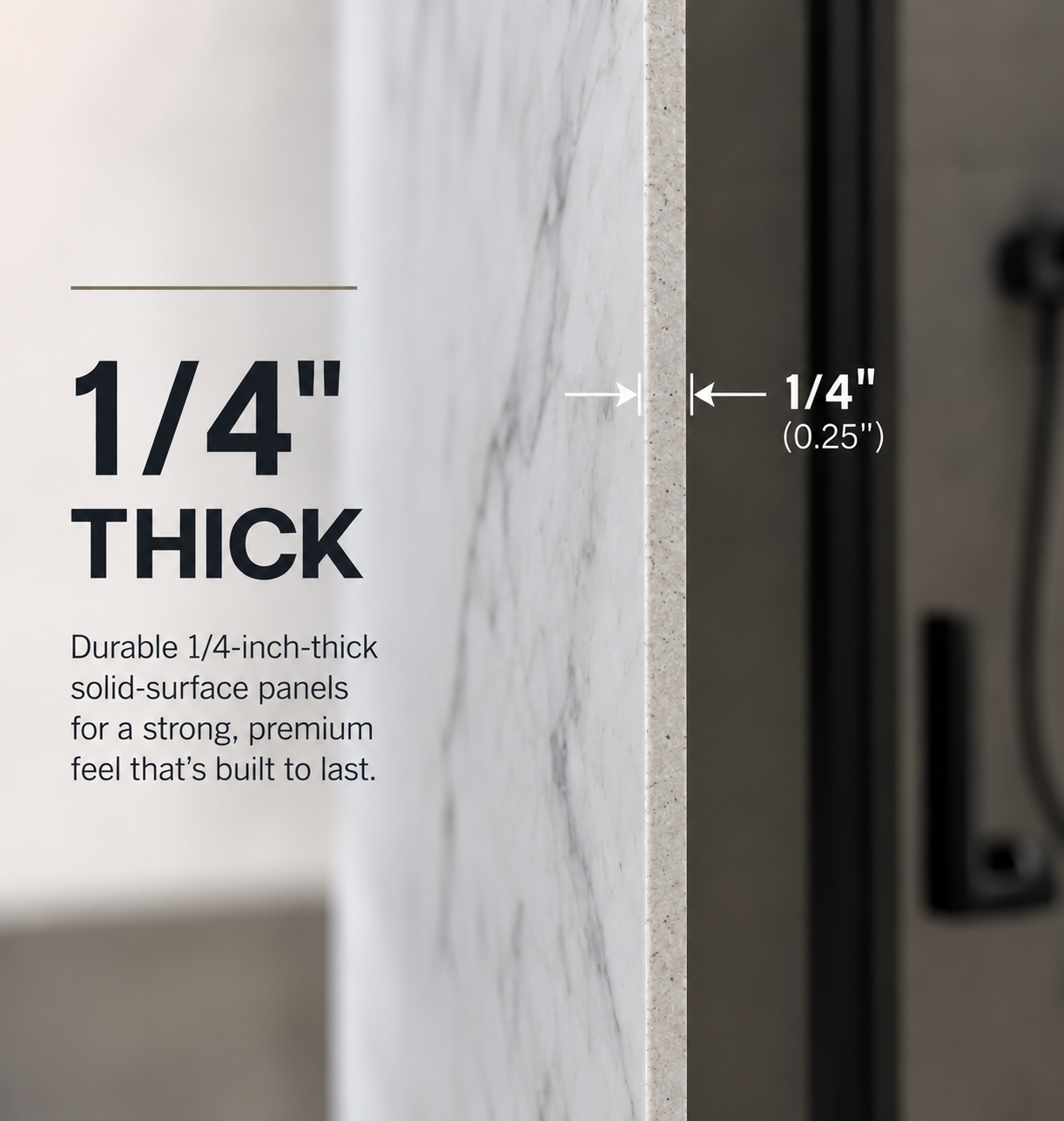 Close-up of a label on a solid surface panel, indicating it is 1/4 inch thick, with measurements showing 1/4 inch or 0.25 inches, and descriptive text about the durability and quality of the panel.