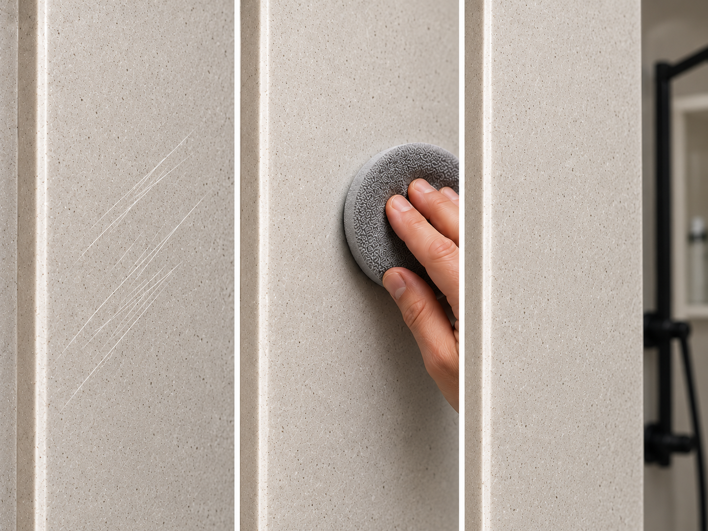 A hand cleaning a beige closet door with a round gray cleaning sponge.