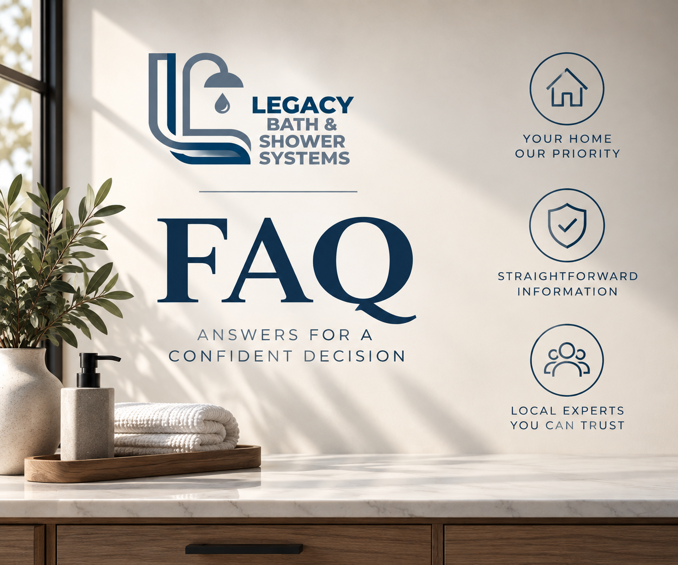 Bathroom FAQ poster from Legacy Bath & Shower Systems, with icons and text about home priority, trusted experts, and straightforward information; decor includes a potted plant, folded towels, and a soap dispenser on a wooden tray on a countertop.