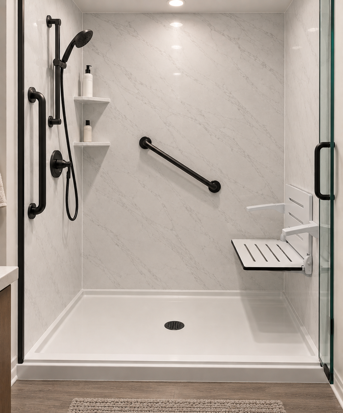 Accessible shower with handheld showerhead, white shelves, black grab bars, fold-up shower seat, and a glass door.