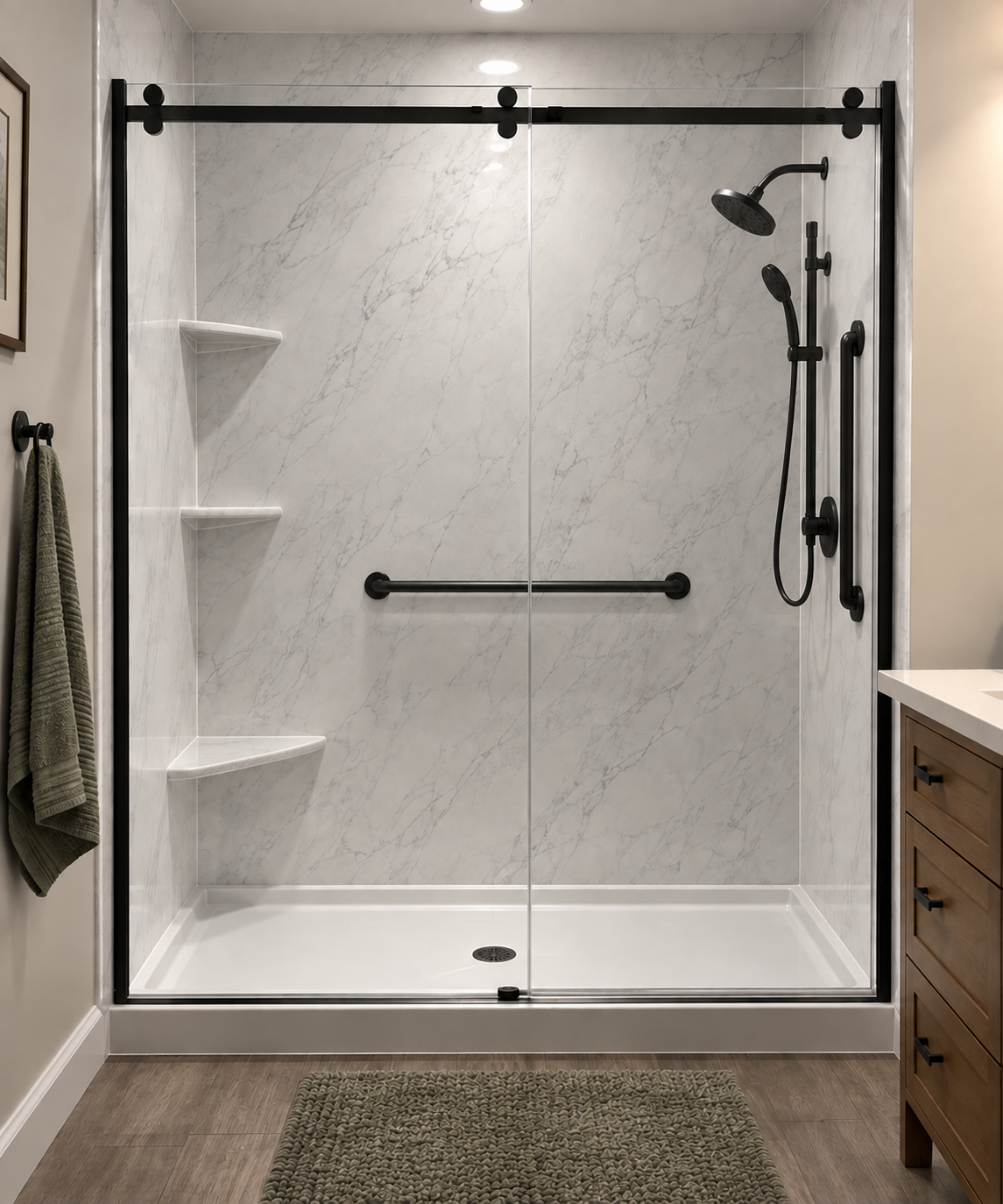 A modern walk-in shower with glass doors, black fixtures, and white marble walls. Shelves are built into the corner, and a beige bath mat lies outside the shower. Part of a bathroom vanity is visible on the right.