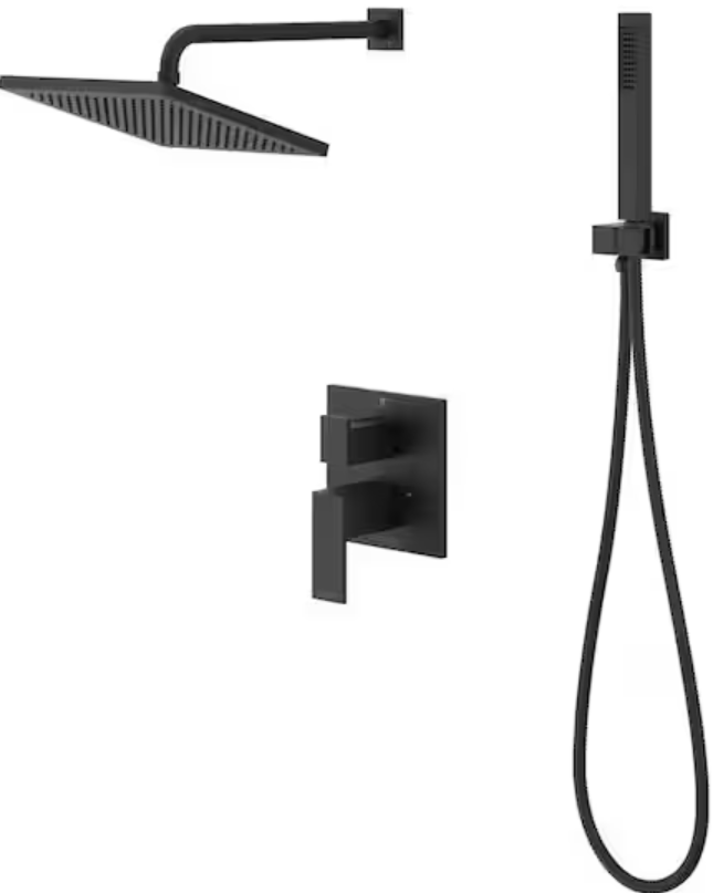 Black modern shower set including a rain showerhead, handheld shower with hose, and control panel.