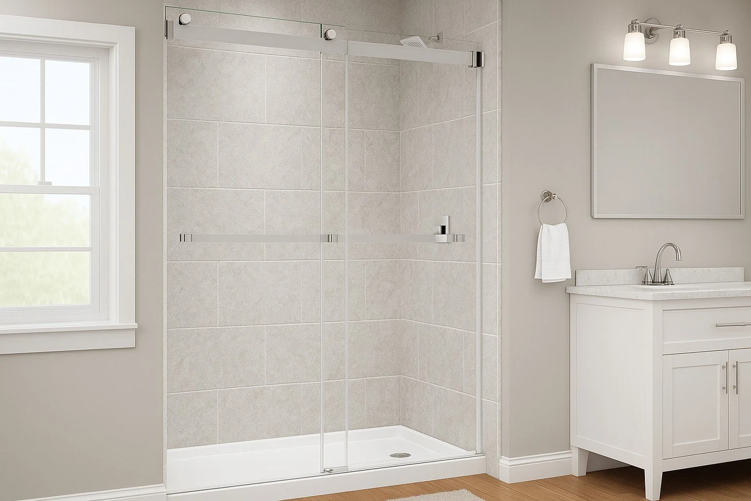 Modern walk-in shower with gray tiles and black showerhead, adjacent to a light gray wall with abstract artwork and a window.