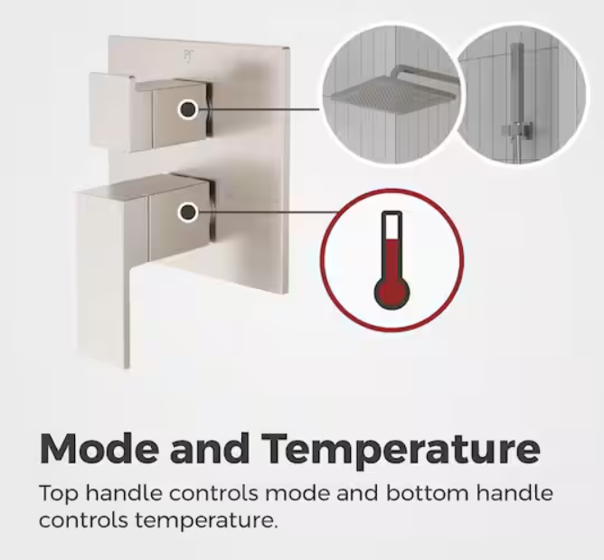 Diagram showing a shower control panel with a top handle for mode and a bottom handle for temperature adjustment, along with illustrations of a showerhead and shower enclosure.
