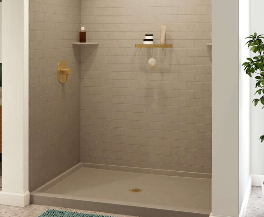 Empty walk-in shower with beige tile walls, a gold shower handle, white shelves holding bottles, and a small potted plant outside the entrance.
