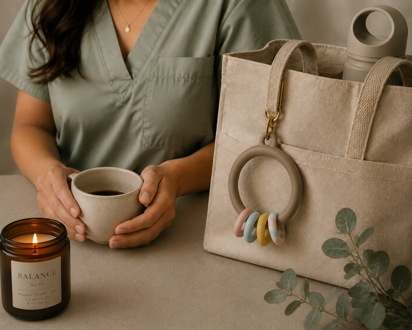 Person in a green scrubs holding a beige cup of coffee beside a BirthRings keepsake.