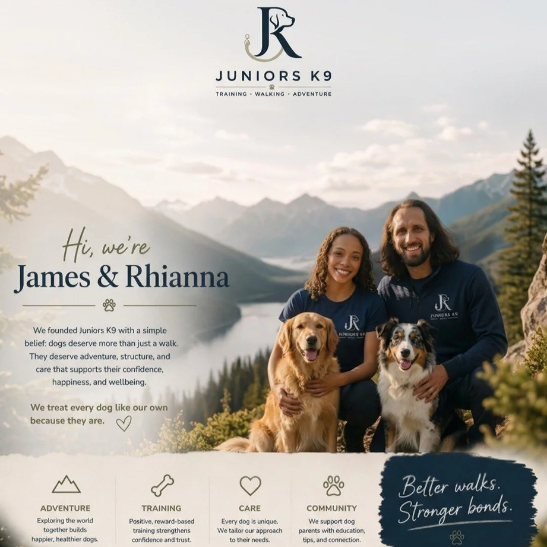 Welcome to Juniors K9 🐾

Hi, we're James and Rhianna.

Juniors K9 was built around a simple belief: dogs deserve more than just a walk.

They deserve adventure, structure, enrichment, and genuine care from people who love dogs as much as they do.

A