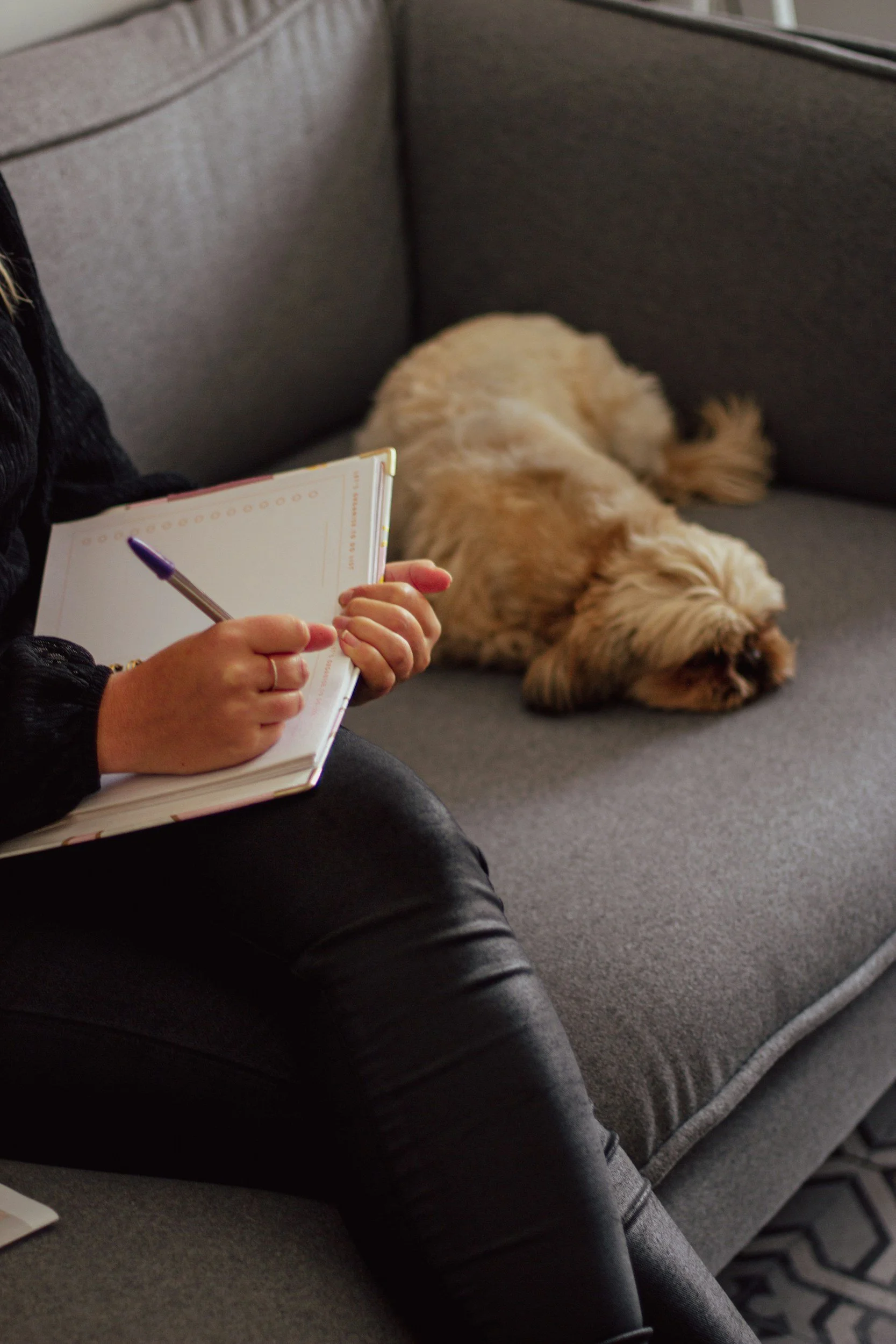 A person is sitting on a grey couch, writing in a notepad with a purple pen. A light-colored fluffy dog is lying on the couch beside them, with its head resting on the cushion and facing away from the camera.