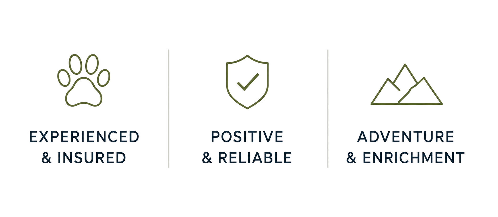 An infographic with three sections: a paw print icon labeled 'Experienced & Insured,' a shield with a checkmark labeled 'Positive & Reliable,' and a mountain peak with the words 'Adventure & Enrichment.'