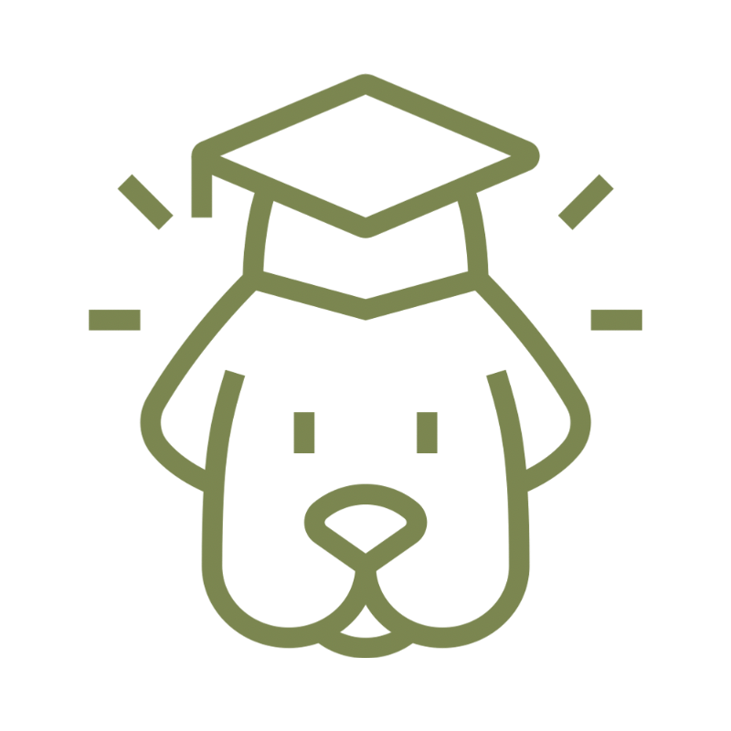 Line drawing of a dog's face with ears and nose, wearing a graduation cap, with small lines indicating emphasis or excitement.