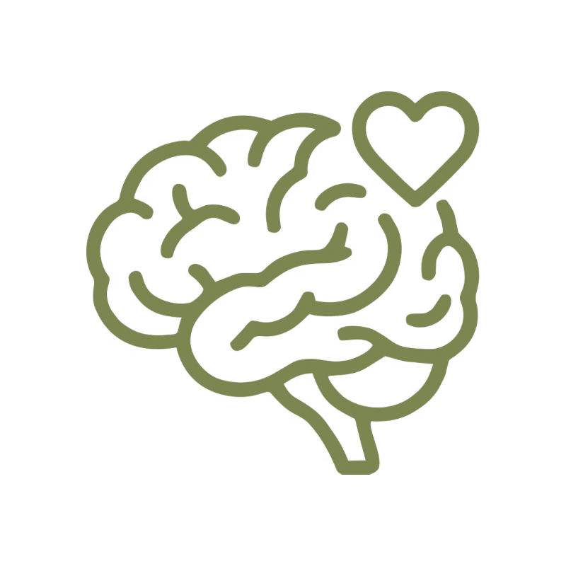 Outline illustration of a human brain with a heart shape above it.