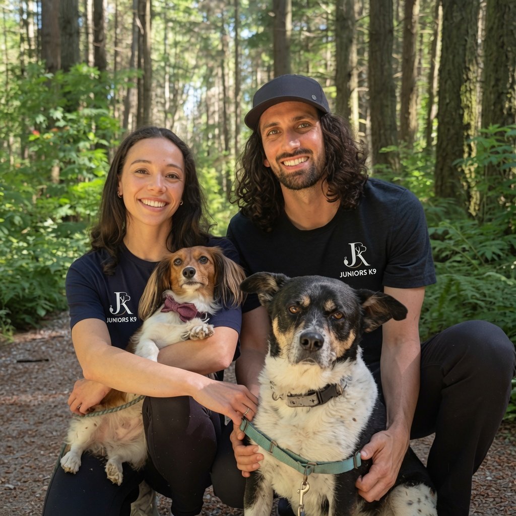 Rhianna and James, founders of Juniors K9, with their dogs in a Vancouver forest. Juniors K9 provides adventure dog walks, training, enrichment, and personalized pet care.