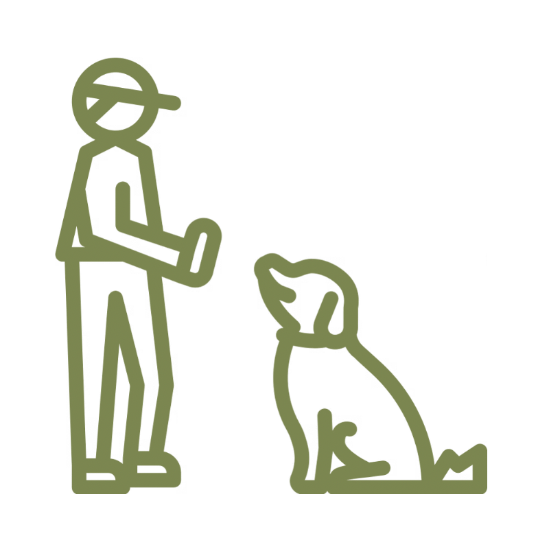 Line drawing of a person and a sitting dog facing each other, with the person holding a treat or object in their hand.