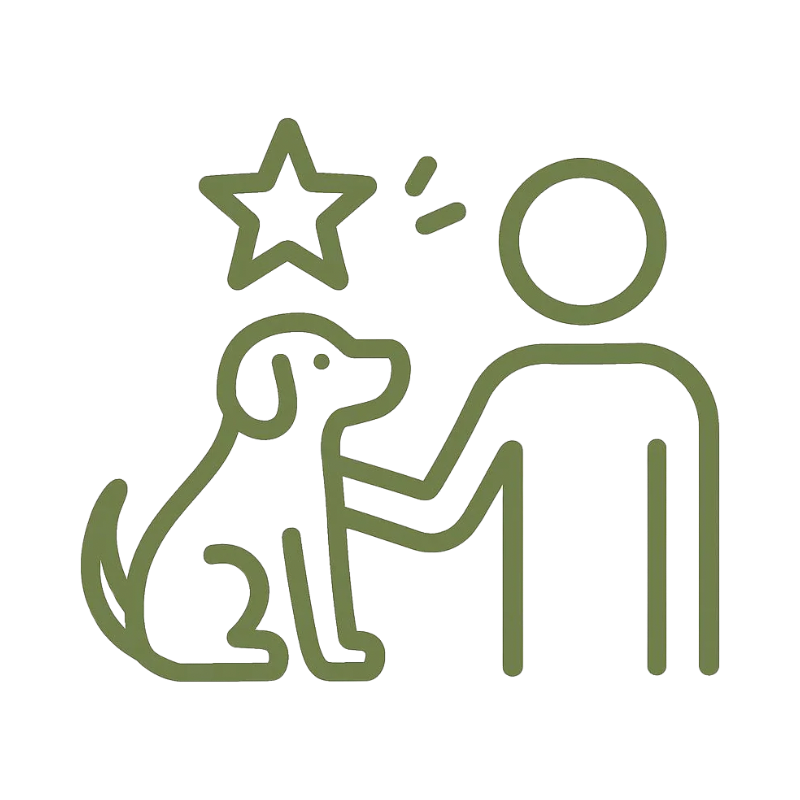 Line drawing of a person giving a dog an award or treat, with a star and the sun in the background.