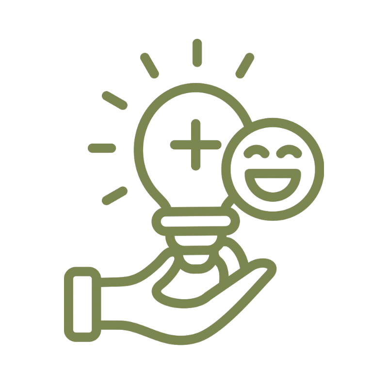 A hand holding a light bulb with a plus sign inside it and a smiley face emoji next to it, representing bright ideas or happiness.