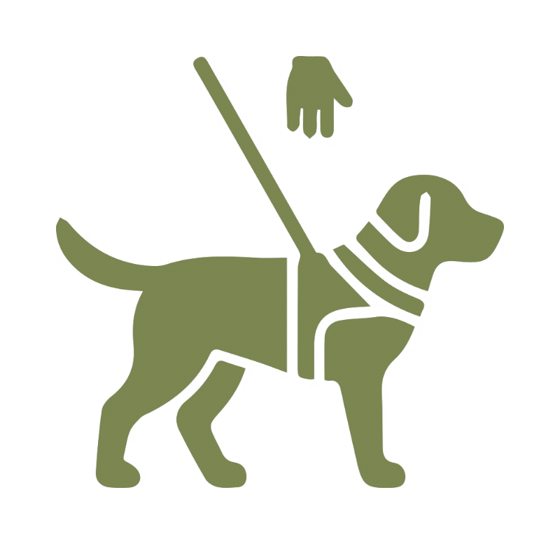 Line drawing of a service dog wearing a vest, with a leash attached, and a hand petting its head.