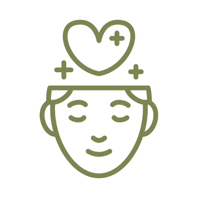 Line drawing of a person with closed eyes and a smiling face, with a heart and plus signs above their head, indicating wellness or healing.