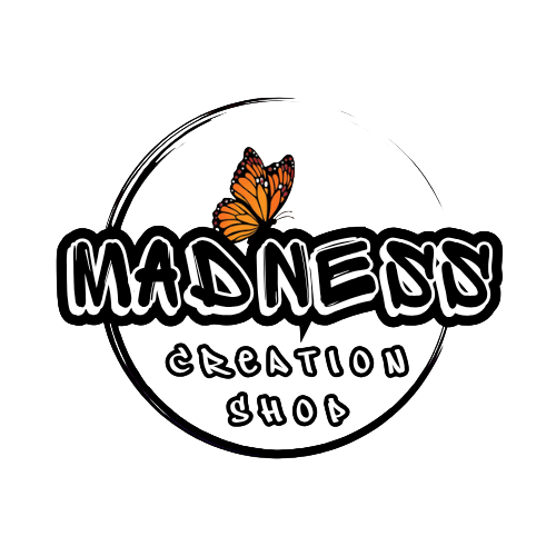 Logo for Madness Creation Shop with a butterfly and stylized text.