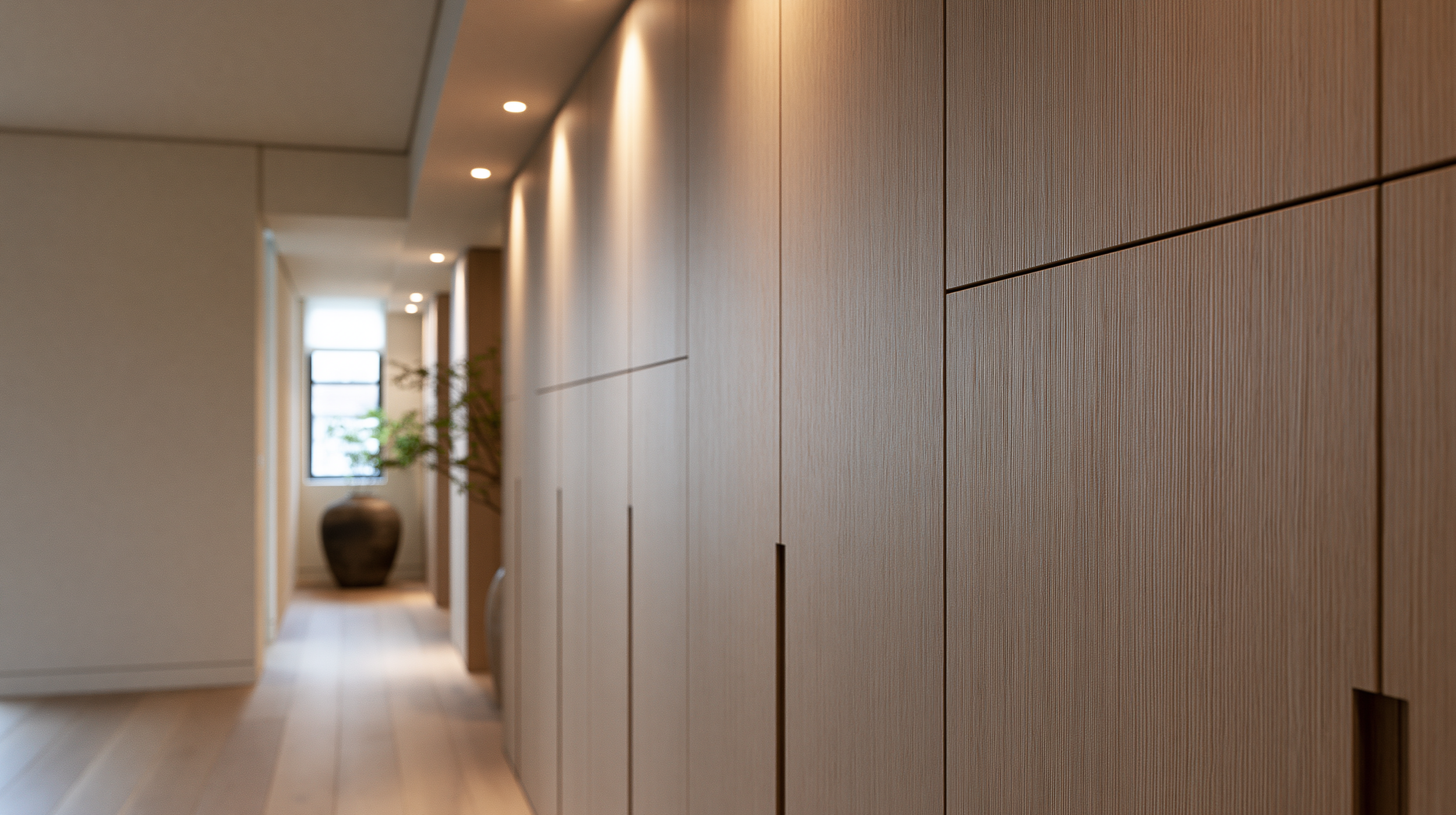 A hallway with warm lighting, wooden wall panels on the right, light-colored flooring, a large potted plant at the end, and a window allowing natural light to enter.