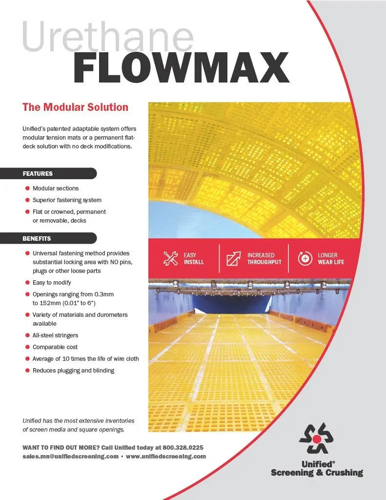Product packaging for Urethane Flowmax, a modular adjustable system for flat decks in industrial flooring, featuring features like modular sections, superior fastening, and durable materials, with highlights emphasizing easy installation, increased throughput, and longer wear life.