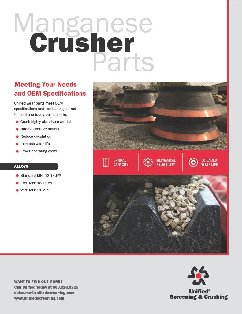 A flyer for Manganese Crusher Parts by Unified Screening & Crushing, displaying images of crusher parts, with text about meeting OEM needs, and specifications about alloys used in the crusher parts.