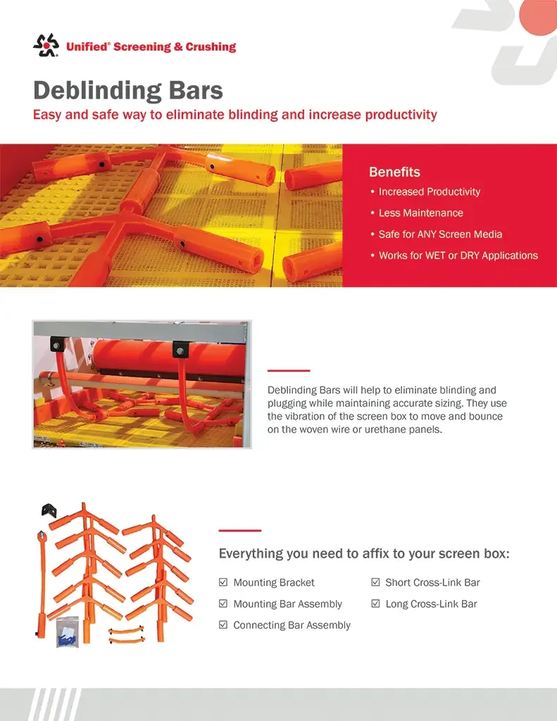 A sign for 'Deblinding Bars', displaying its benefits and components. The image shows an orange device, and parts for mounting, including brackets, bars, and connecting pieces, used to eliminate blinding on screens.