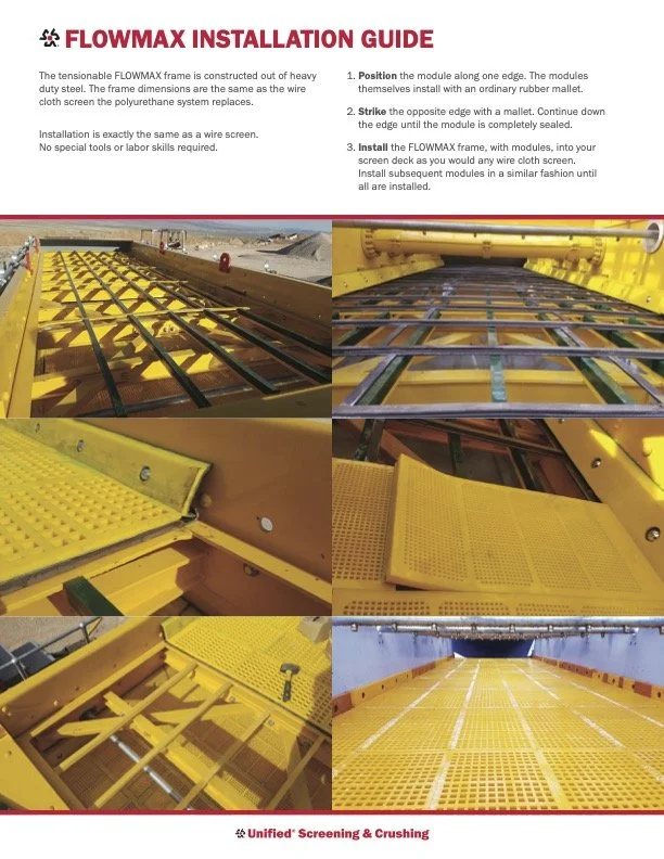 Flowmax installation guide with the steps: 1. Position the module along the edge. 2. Strike the opposite edge with a mallet. 3. Install the flowmax frame with modules into the screen deck. Four images show yellow modules being installed with a metal frame, some close-up and some view from above, in an industrial setting.
