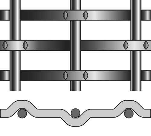 Close-up of a metallic wire mesh or grid pattern with horizontal and vertical bars secured by screws.