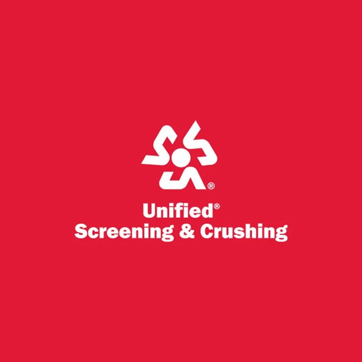 Red background with a white simplified human figure logo above the text 'Unified Screening & Crushing'.
