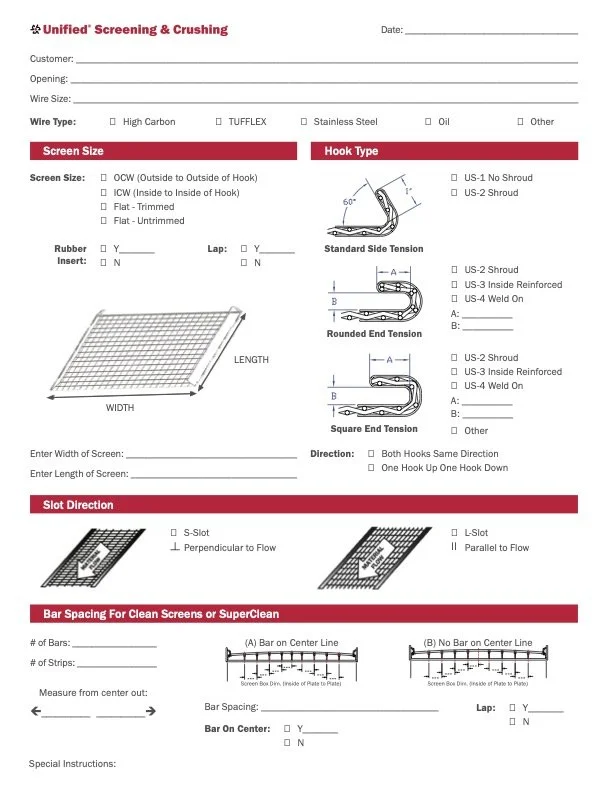 A technical worksheet titled 'Unified Screening & Crushing' for selecting wire mesh screens, including options for wire type, screen size, hook type, rubber insert, slot direction, bar spacing, and special instructions.
