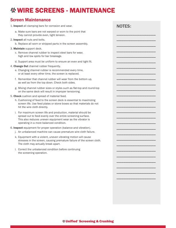 A printed maintenance guide titled 'Wire Screens - Maintenance' with instructions on screen maintenance procedures, including inspection, support, changing out, checking, and balancing a screen deck. The document features a notes section on the right side and the bottom credits 'Unified Screening & Crushing'.