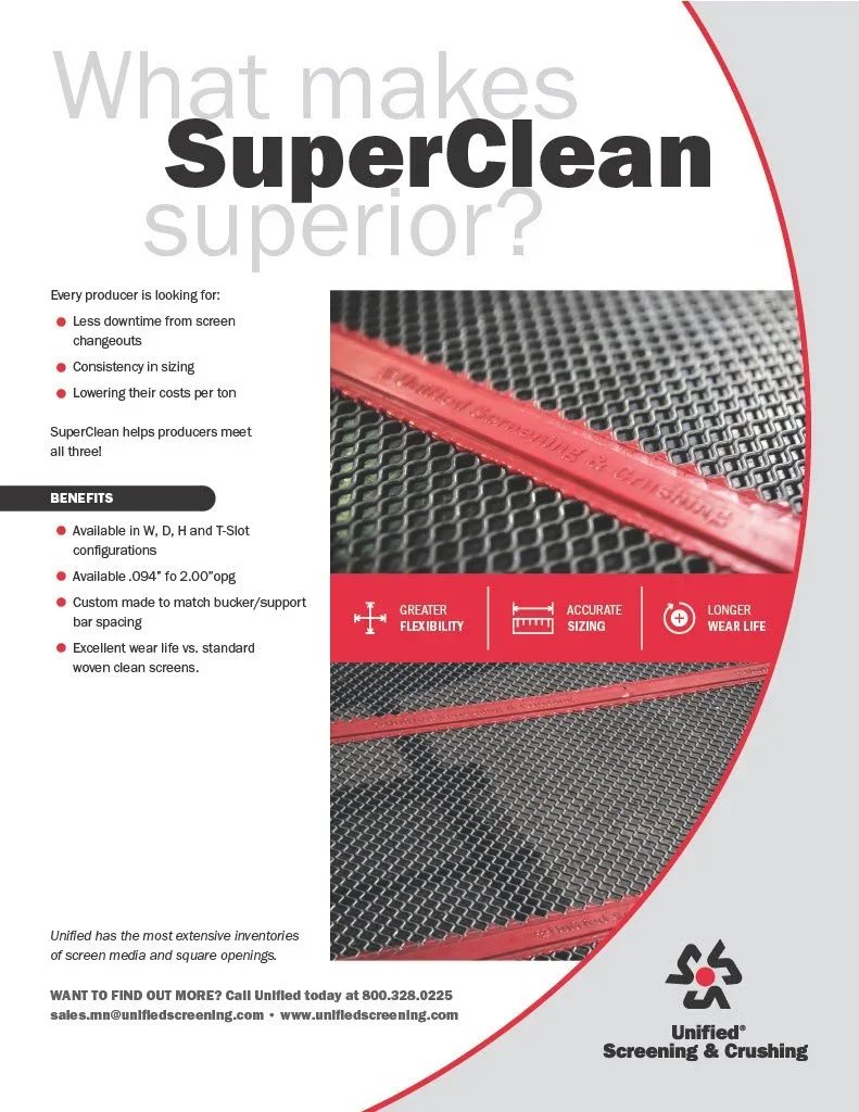 Flyer promoting SuperClean, a screening corrosion barrier for screen media, featuring benefits of greater flexibility, accurate sizing, and longer wear life, with images of woven screens and red support bars.