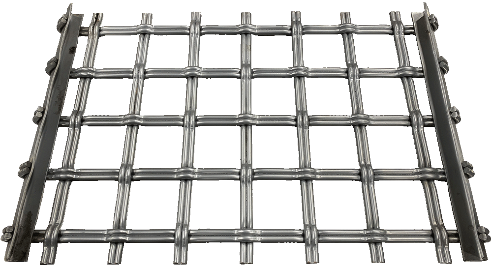 Metal grate or barrier with intersecting bars and bolts at the edges.