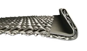 Close-up of a metallic conveyor belt with a bent corner.