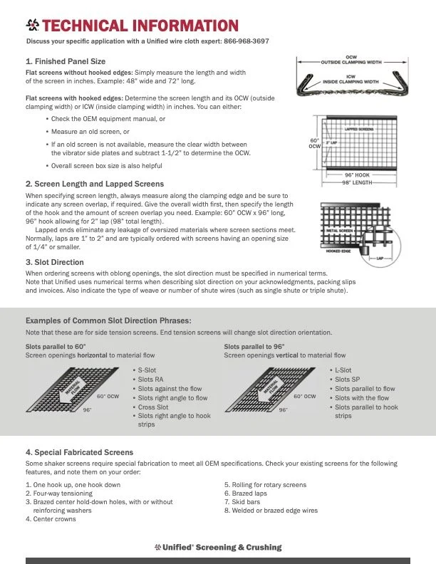 Technical information sheet for screen panel installation, detailing panel sizes, key dimensions, slot directions, and types of fabricated screens.