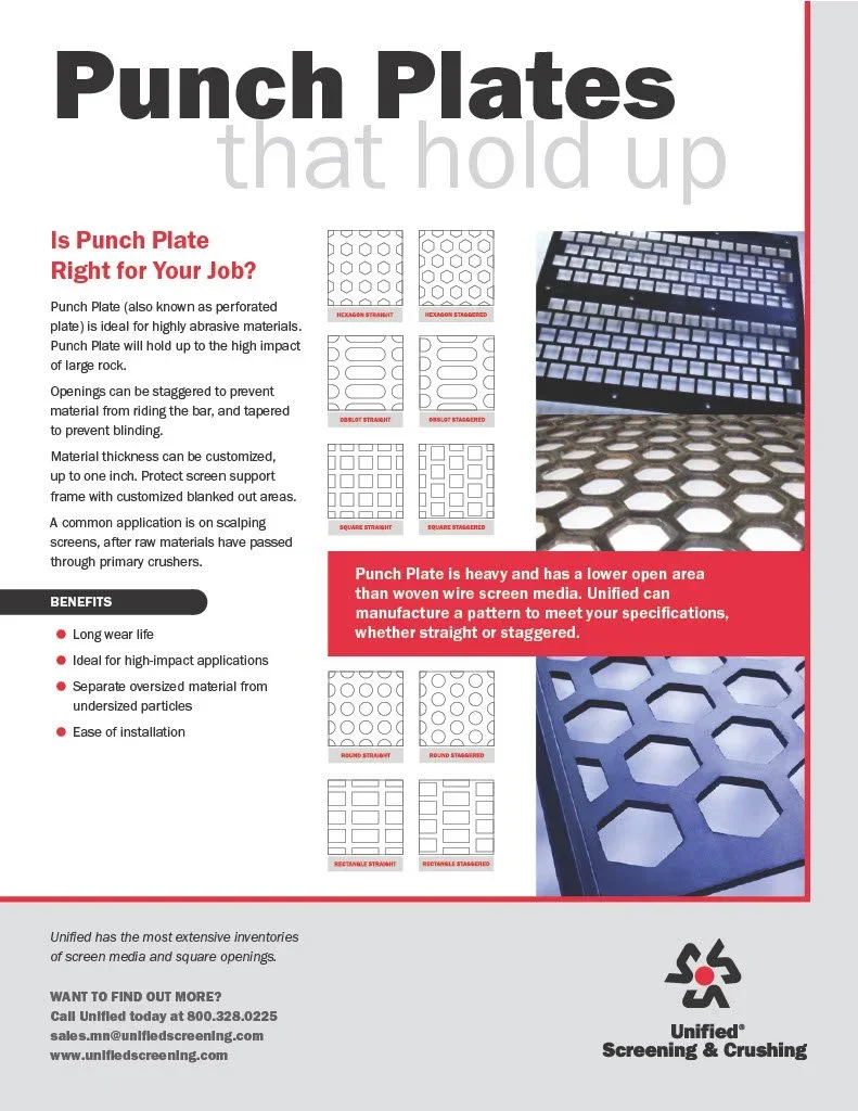 A brochure page about punch plates used in screening media. The page features images of different punch plate patterns, including hexagon and square shapes, and includes a photo of punch plates with various hole designs. Text highlights their durability and applications in crushing and screening.