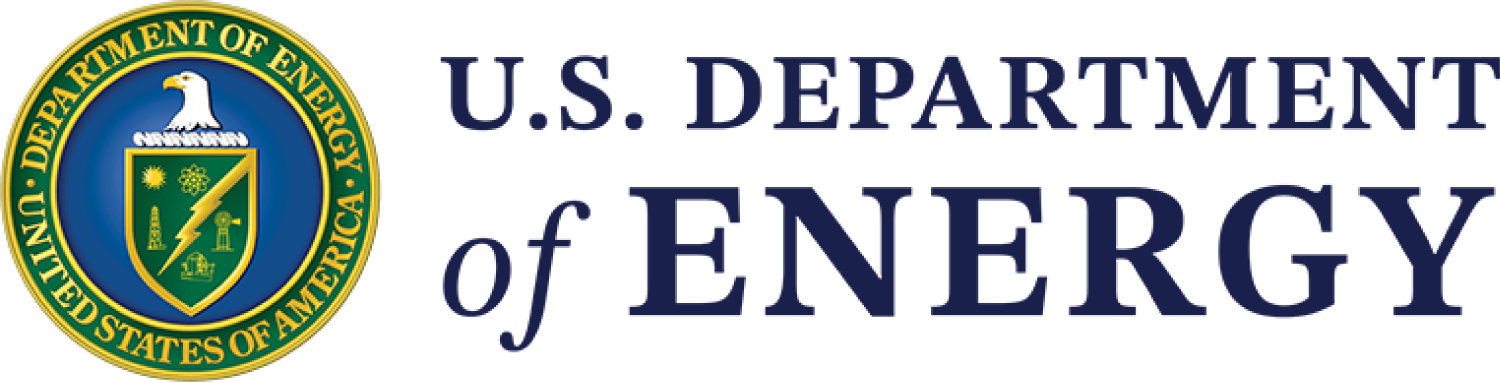 U.S. Department of Energy logo with a shield featuring a lightning bolt, a tree, and a wind turbine, and the text 'U.S. Department of Energy'.