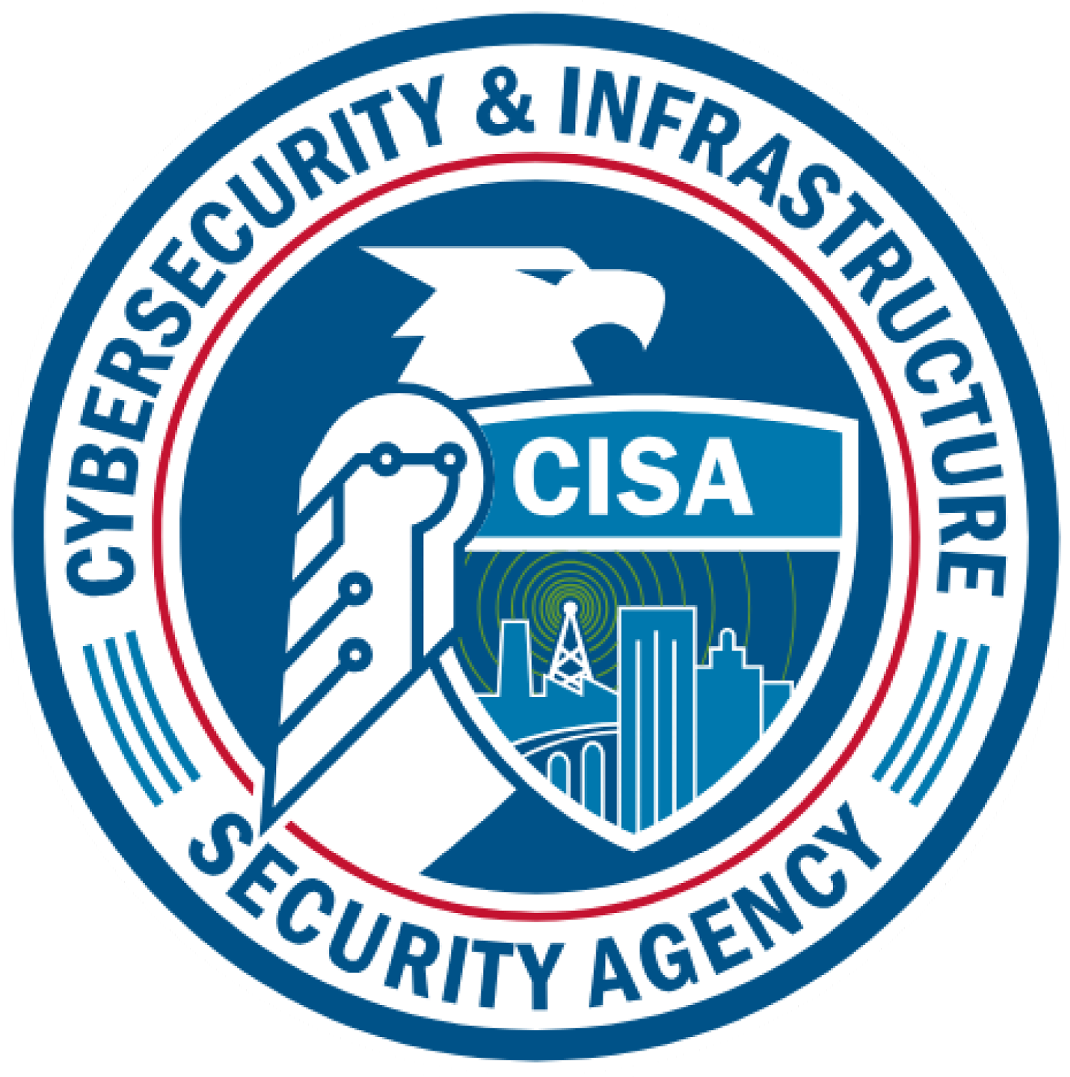 Seal of the Cybersecurity and Infrastructure Security Agency (CISA). It features an eagle in the center, a shield with radiating lines and a city skyline, and has the words 'Cybersecurity & Infrastructure Security Agency' around the perimeter.