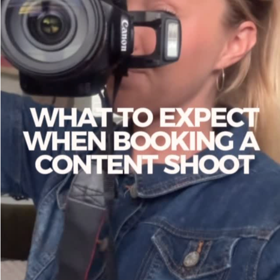 A woman with blonde hair in a bun, wearing a denim jacket and hoop earrings, is taking a photo with a Canon camera. The overlay text reads, 'What to expect when booking a content shoot.'